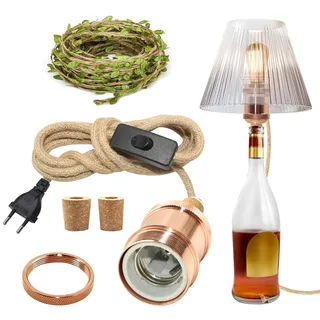 ZRLXFM E27 Flaschenlampen DIY Set mit Roségold-Fassung, Schalter/Stecker, 240cm Hanfseil-Kabel und 5m Deko-Juteschnur mit Blättern – Tischleuchte für Vintage, Industrial & Landhaus