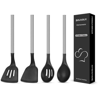 4 Stück Silikon-Küchenutensilien-Set, Wokspatel-Schlitzwender-Kochlöffel-Schlitzlöffel, Antihaft-BPA-frei, Hitzebeständig, Mit Edelstahlgriff, Küchenutensilien zum Kochen, Mischen, Servieren