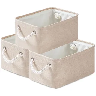 Mangata Stoff Aufbewahrungsboxen, Faltbare Aufbewahrungsbox mit Seilgriffen für Regale, Schrank, Kleiderschrank, 3er-Pack (Elfenbeinfarben, S)