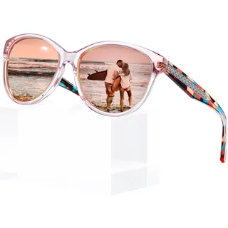 CARFIA Verspiegelte Damen Sonnenbrille Polarisierte UV400 Frauen Brille | Blumen Farbe, 3D-Linienmuster Kupfernadel, Einteilige Nasenauflage, für Alltag Urlaub Party Catwalk, Inklusive Brillenetui