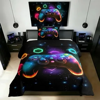Homewish Gamer Bettwäsche 135x200 Kinder Gaming Bettwäsche-Set für Jungen Teenager,Farbe Gamepad Bettbezug Moderne Videospiele Geometrisches Sternenhimmel Gedruckt Neuheit Spielzimmer Dekor 2 Stücke