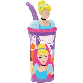 Tataway Disney Lila Plastikbecher für Mädchen Prinzessinnen Cinderella Rapunzel Belle Arielle Dornröschen 360 ml mit Strohhalm und 3D-Charakterfigur - Rosa