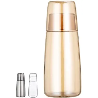 Nachttisch Wasserkaraffe Set mit Becher Glas Nachttasse Set, Mundwasser Flasche Karaffe mit Becher Deckel für Schlafzimmer Nachttisch Bad Küche 25oz/750ml (Gold)