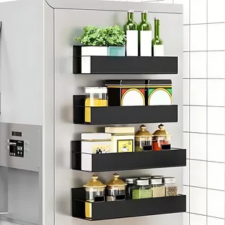 Yolispa Magnetisches Gewürzregal, 4 Stück Kühlschrank Magnete Regal Hängende Magnete Gewürzhalter, Ohne Bohre Gewürzregale Seitenablage des Kühlschranks für Küchenorganisation