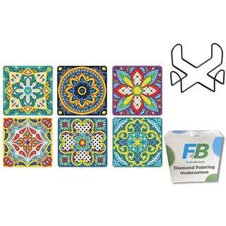 F4B Diamond Painting Coaster Set - Quadratische Untersetzer - Runde Strasssteine - Mandala Designs - 6er Set mit Halter, Stift, Schüttbehälter und Wachs - Perfekt für Erwachsene und Kinder
