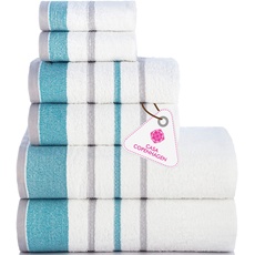 Casa Copenhagen White Bay-Handtuch aus 600 g/m2 ägyptischer Baumwolle für Hotel, Spa, Küche und Bad, 6-teiliges Set mit 2 Bädern, 2 Händen, 2 Waschlappen – Weiß mit blaugrünem und grauem Rand
