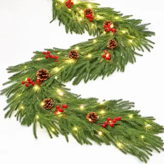 Dremisland 180cm Weihnachtsgirlande mit 50 Beleuchtung Künstliche Norfolk Girlande Weihnachten Kieferngirlande Tannengirlande Weihnachten Deko Grün Norfolk Kiefer Girlande Rot Beeren Adventskranz