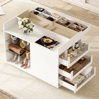 STILVORA Glas-Sideboard mit 5 Schubladen und Facheinteilung, Schminktisch mit Lenkrollen, Aufbewahrungsschrank für Schlafzimmer und Ankleidezimmer Weiß - Weiß