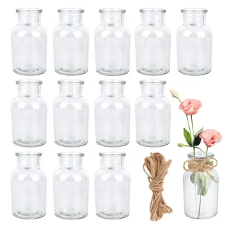 VMUTGA 12 Stück Mini Vasen, 125ml Kleine Glasvasen mit 8m Juteschnur, Transparente Glasvase Vasen Deko für Tischdeko, Hochzeit Deko, Geburtstag Deko, Gartenparty