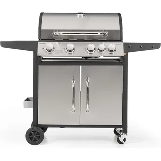 Klarstein Gasgrill mit Großer Grillfläche, Gasgrill 1 Seitenbrenner & 4 Brenner, 17,1kW Edelstahl-Gasgrill, BBQ Gasgrill für Balkon & Garten, Grill für Propan, Gasgrills mit 5 Brenner & Thermometer - Silber