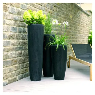 Pflanzvase Rillenstruktur - Groß: 120cm - Dunkelgrau - Fiberglas - Mit Einsatz – Innen & Außen - Dunkelgrau