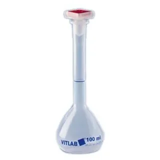 Vitlab Polypropylen Messkolben mit NS-Stopfen, Transparent, Klasse B, 14/23 NS Hals, 100ml Kapazität, 180mm Höhe, 6 Stück