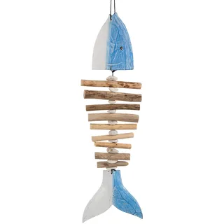 Logbuch-Verlag Großer blau weißer Fisch aus Holz Mobile Windspiel zum Aufhängen ca. 70 cm als Bad Deko Meer