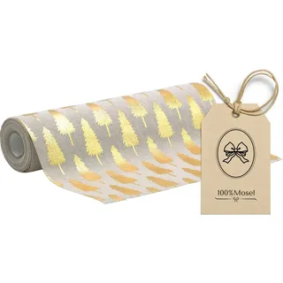100%Mosel Tischläufer Leinenoptik Natur, Tannenbäume in Gold, (28 cm x 5 m), Tischband, edle Tischdeko für Weihnachten & Adventszeit, Festliche Dekoration zu besonderen Anlässen