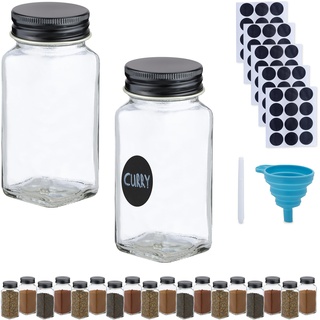 Relaxdays Gewürzgläser 20er Set, Streueinsatz, Gewürzdosen Glas, 120 ml, mit Etiketten & Trichter, transparent/schwarz