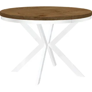 Esstisch rund Ausziehbar, ENDIK Durchmesser: 100/200 cm, mit Ring-Gestell und Metallbeinen, Loft-Stil, Industriel, Farbe: Eiche Lefkas / Weiß - Braun, Weiß