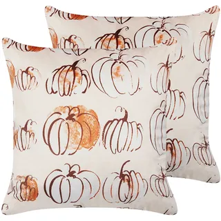 BELIANI Dekokissen 2er Set Beige Samtstoffbezug mit Polyester-Füllung 45 x 45 cm Halloween Kürbis Motiv Zweiseitig Bedruckt Wohn- u. Schlafzimmer - Beige, Weiß