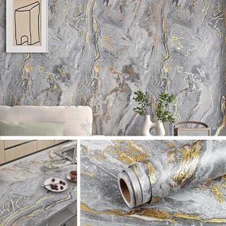 Livelynine Marmor Folie Grau Gold 40CMx10M Marmor Tapete Selbstklebend für Wand Schlafzimmer Wohnzimmer Wasserfest Folie Arbeitsplatte Küche Badezimmer Klebefolie Möbel Grau Betonoptik