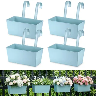 Yimomoyi 4 Stück Hängende Blumentöpfe für Balkon Geländer Zaun Garten, Metall Blumentöpfe Pflanzentöpfe Blumenkasten Pflanzkasten zum Aufhängen mit Abnehmbarem Haken, Blassgrün