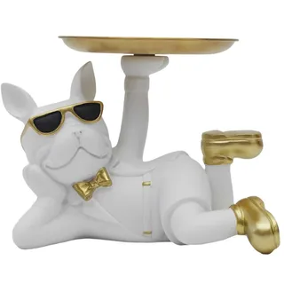 HOME DECO FACTORY, HD0155, White Bulldog Decorative Statue with Empty Resin Pocket, modern and elegant Design, Functional Object for Keys and Accessories, White and Gold Color, one Size