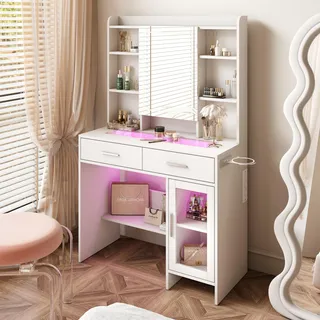 Schminktisch mit Platte aus gehärtetem Glas, integrierter Steckdose und Haartrocknerhalterung – Moderner und praktischer Schminktisch - Weiß