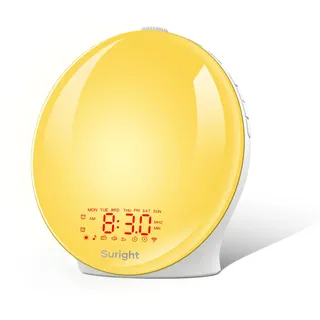 Suright Lichtwecker Tageslichtwecker, Wake Up Licht Wecker, Sonnenaufgang Sonnenuntergang Simulation Wecker Radio 15 Naturgeräusche 2 Alarmen Snooze 18 Farblicht 20 Helligkeit Nachttischlampe