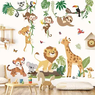 decalmile Wandsticker Dschungel Tiere Reben Wandtattoo Safari Tiere Giraffe Löwe Affen Wandaufkleber Kinderzimmer Babyzimmer Schlafzimmer Wanddeko