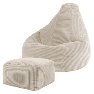 Icon Dalton Sitzsack Kinder mit Hocker, Beige, Flauschiger Cord Stoff, Sitzsack Cord mit Füllung, Bequemer Kinder Gaming Sessel, Kuschelsessel, Lese Sessel, Schlafzimmer, Kinderzimmer, Spielzimmer