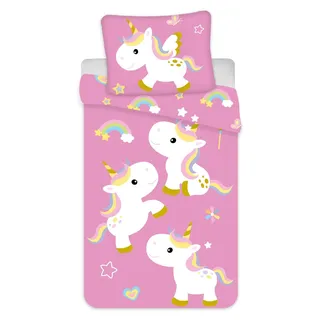 Unicorn Unicorn Bettwäsche Einhorn-Motiv Bettbezug 135x200 cm + Kopfkissenbezug 80x80 cm Kinder-Bettwäsche-Set - Rosa