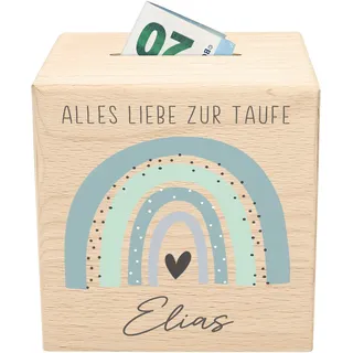 Taufe Spardose für Kinder mit Schlüssel personalisiert Taufgeschenk Jungen Sparschwein Holz Regenbogen Holzspardose (Blau)
