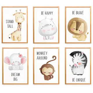 WIETRE 6er Set Bilder Tiere Kinderzimmer Babyzimmer Deko | Bild Junge Mädchen Poster DIN A4 | Waldtiere Safari Afrika Tiere Tierposter Dekoration (ohne Rahmen)
