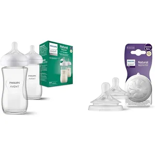 Philips Avent Babyflaschen Natural Response aus Glas & Avent Natural Response Sauger – 2x Sauger für Babyflaschen mit Durchflussstärke 5, für Babys ab 6 Monaten, BPA-frei (Modell SCY965/02)