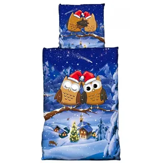 COFI 1453 Fleece Bettwäsche Weihnachtsmotiv Eulen mehrfarbig 135 x 200 cm + 80 x 80 cm