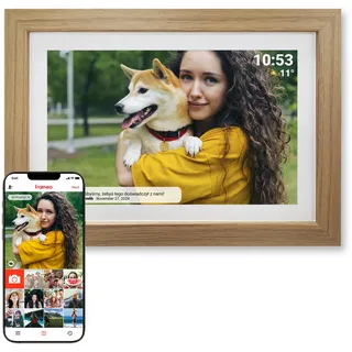 Denver PFF-1543LW Digitaler Wi-Fi Bilderrahmen – 15,6 Zoll Full HD IPS Touchscreen, Integrierte FRAMEO Software, Drahtloses Teilen, Timer-Funktion, Holzrahmen hell