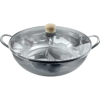 Jade Temple Hot Pot Wok aus Edelstahl, mit praktischer Trennwand und Glasdeckel, 34 cm Durchmesser, mit Doppelgriff