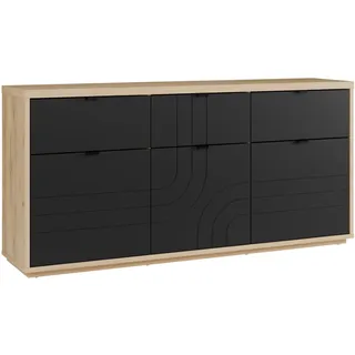 Forte AURIQUET Sideboard 180, Japandi Stil Sideboard mit Zierfräsungen, 3-türig, 3 Schubladen, Holzwerkstoff, Wildeiche Natur Holzdekor/Schwarz, 179,2 cm breit x 86,9 cm hoch x 41,6 cm tief