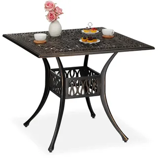 Relaxdays Gartentisch mit Schirmloch, antike Optik, Aluminiumguss, 75 x 90 x 90 cm, eckiger Balkontisch, schwarz/Bronze