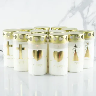 12er Set HOFER GRABKERZEN klein | ca. 50 Std. Brenndauer | Trauerkerzen mit Deckel | Grablicht, Friedhofskerze mit Motiv | Kerzen für Grabdeko und Grabschmuck