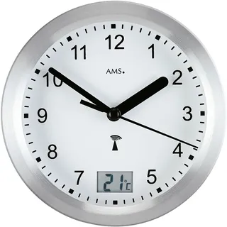 AMS 5923 Wanduhr Baduhr Badezimmeruhr Funk silbern wasserdicht mit Thermometer - Silber