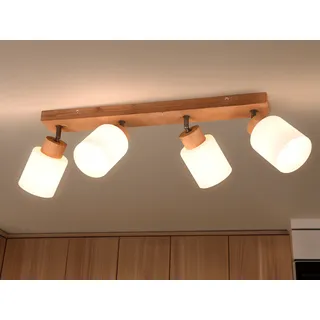 LED Deckenstrahler Holz Natur schwenkbare Lampenschirme Glas Weiß, Breite 60cm
