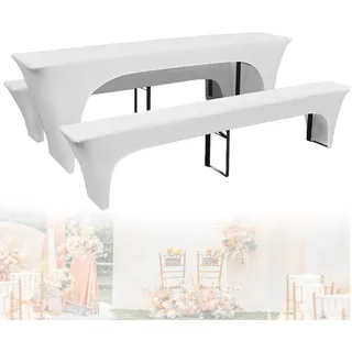PORFOYO Stretch Bierzeltgarnitur, 3-Teiliges Set Hussen Bierzeltgarnitur, 220 X 50 X 70 cm Elastisch Biertischhussen, Bierbank Hussen, Bierbankhussen Bankgarnitur Für Hotel, Hochzeit, Meeting, Weiß