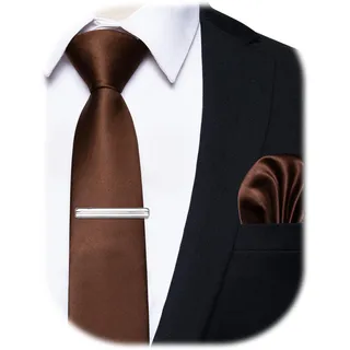 YourTies Schmale Krawatten für Herren, Satin, 6,1 cm, schmale Krawatte mit Einstecktuch, Krawattenklammer, Set, einfarbig, Hochzeit, Party, Business, Braun, Einheitsgröße