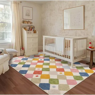 TOPICK Teppich Wohnzimmer Waschbar Kurzflor Weich Modern Rauten Teppich 150x210cm Geometrischer Antibakterieller Faltbar rutschfest Schlafzimmer Kinderzimmer Wohnzimmer Flur Badezimmer Bunt