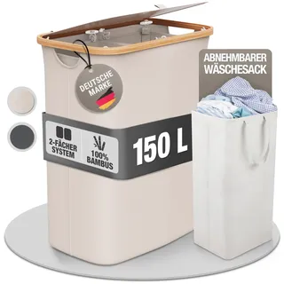 Wäschekorb 150L Faltbar mit Deckel und 2 Fächern – Wäschesammler Bambus-Stoff Beige – Wäschebox, Wäschetruhe, Wäschebehälter, Wäschetrenner für Bad, Schlafzimmer & Waschküche