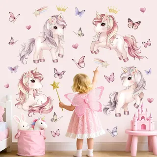wondever Wandtattoo Pferde Mädchen Rosa Wandaufkleber Kinder Einhorn Schmetterling Wandsticker Wanddeko für Mädchen Babyzimmer Kinderzimmer