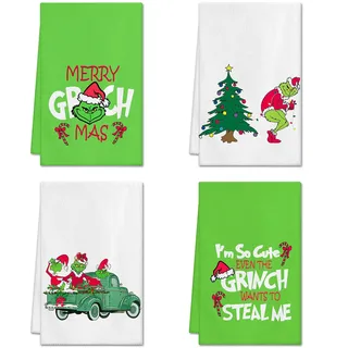 Ohok 4 Stück Weihnachten Handtücher 45x65 cm, Mode Dekoration Küchentücher Grich Weihnachtsmann Geschirrtücher Weiche Mikrofasertücher für Badezimmer Küche Trockentuch Weihnachten Deko (Set L)