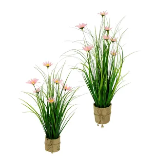 Flair Flower Künstlicher Grasbusch mit Margeriten im Jute-Topf Blumen Blüten Gras Bund stehend Stehgras Grasbündel Kunstpflanze Dekogras Kunstgras Pflanze Ziergras Grasbüschel Deko Grasarrangement Gräser künstlich