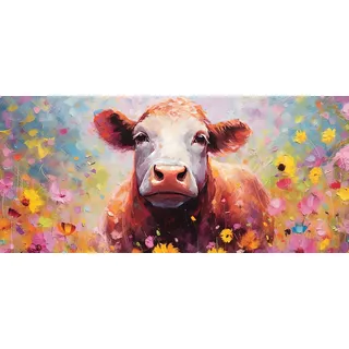Bönninghoff Leinwandbild "Wandbild KUH MIT BLUMEN XXL 90x200 cm – Leinwandbild Keilrahmen Deko", braun, farbe bild(er): braun, weiß, rot, pink, gelb), B:200cm H:90cm T:4,5cm, Canvas, MDF, Bilder, Leinwandbild, auf Keilrahmen gespannt,