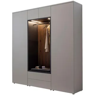 Moderano Garderobe , Anthrazit, Grau, Nussbaumfarben , Holz, Textil, Holzwerkstoff , 5-teilig , Nussbaum , furniert , 196x233x59 cm , Handmade in Germany , Garderobe, Garderoben-Sets & Garderoben-Serien, Garderoben-Sets