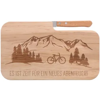 Spruchreif | Brotzeitbrett mit Messer "Es ist Zeit für ein neues..." – Graviertes Holzbrett mit Fahrrad-Motiv | Originelles Geschenk für Radfahrer & E-Bike-Fans